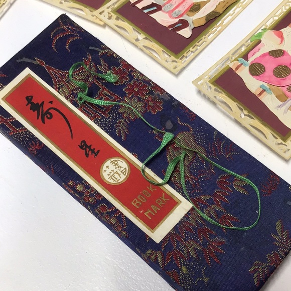 Antique Japanese handmade bookmark set satin boxed paper art box of 6 crafted - Picture 3 of 14
